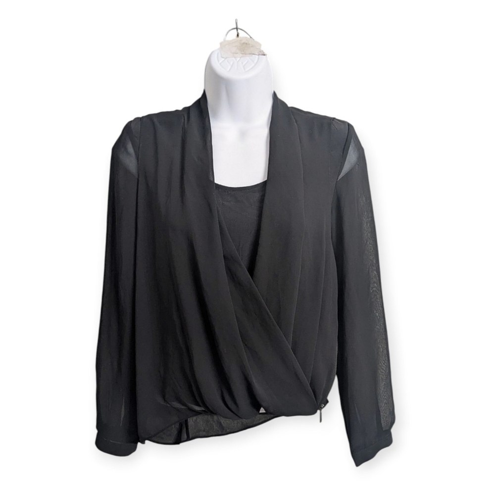AllSaints 100% Silk Black Abi Long Sleeve Draped Wrap Over Top Semi-Sheer Zip 0